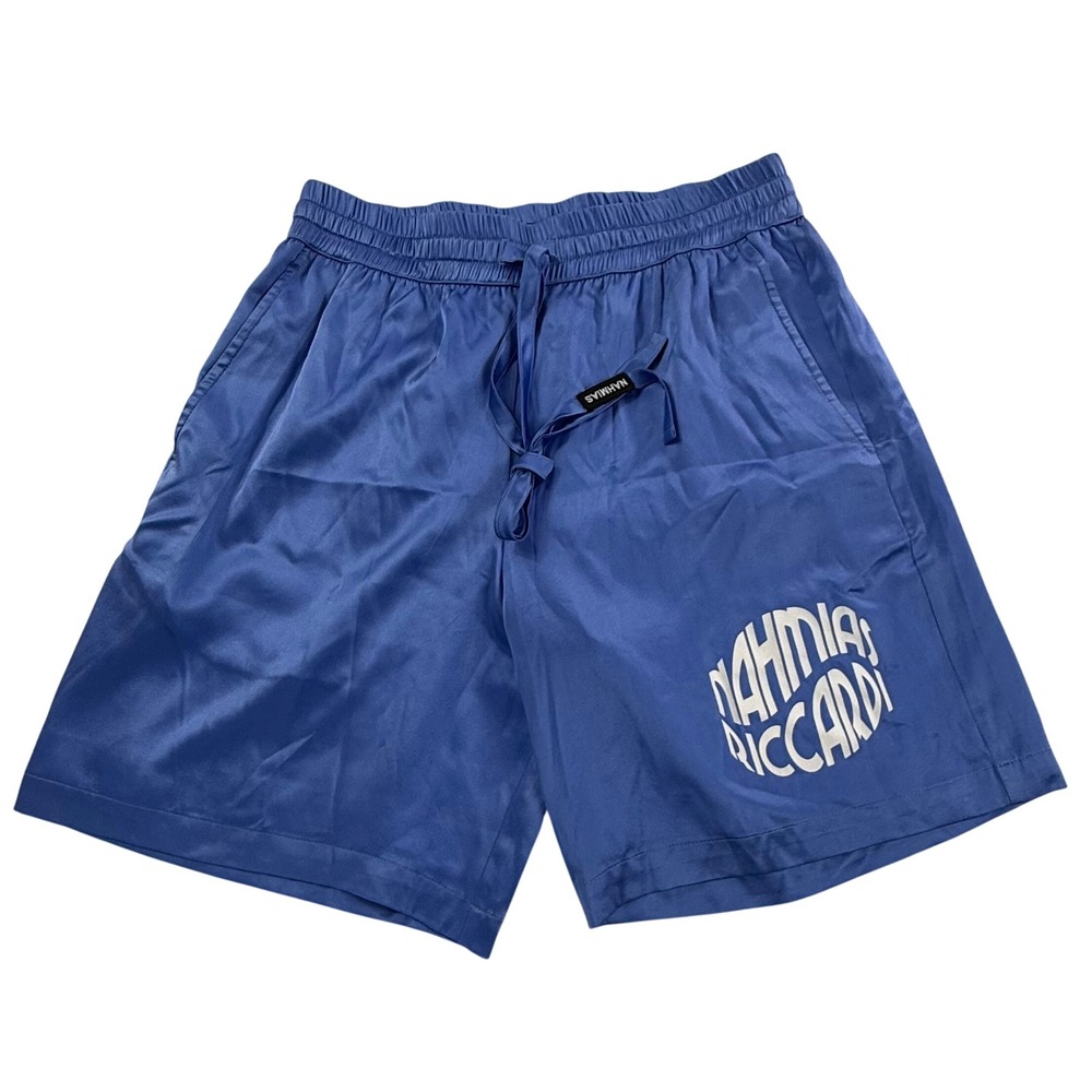 Nahmias Riccardi Blue Silk Blend Graphic Logo Shorts Mens Streetwear Luxury